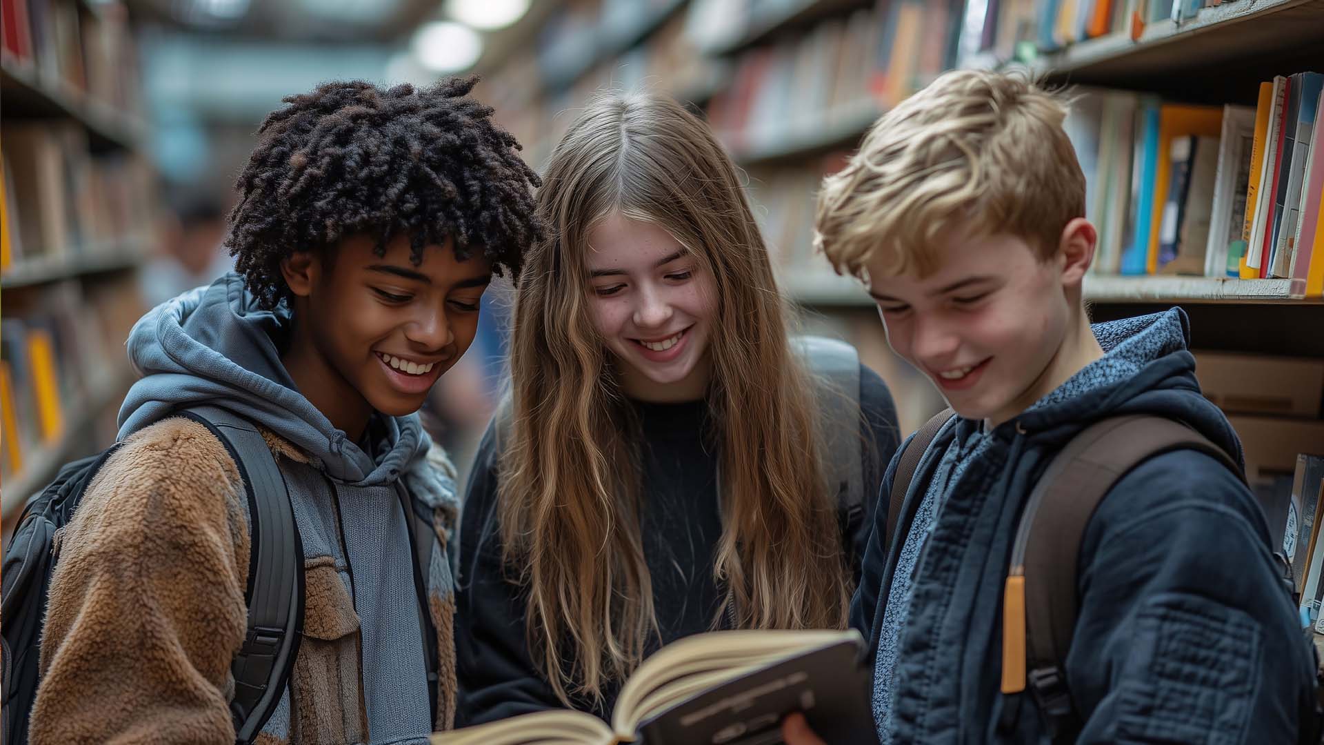 Tre venner kigger på en bog på biblioteket. FOTO: AdobeStock